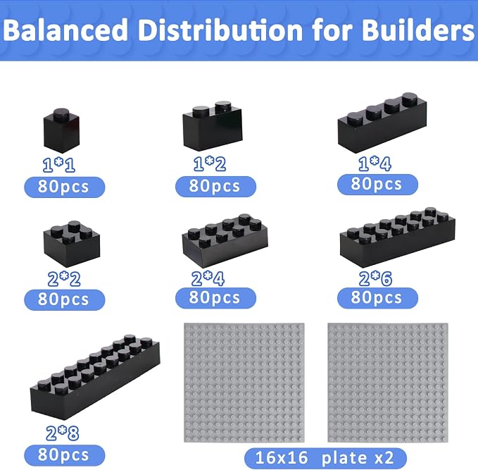 Cabeeskii 560 Pieces Black Classic Building Blocks Bulk with 2 Base Plates, Building Bricks in 7 Size, Compatible with All Major Bricks, for Kids & MOC Lovers
