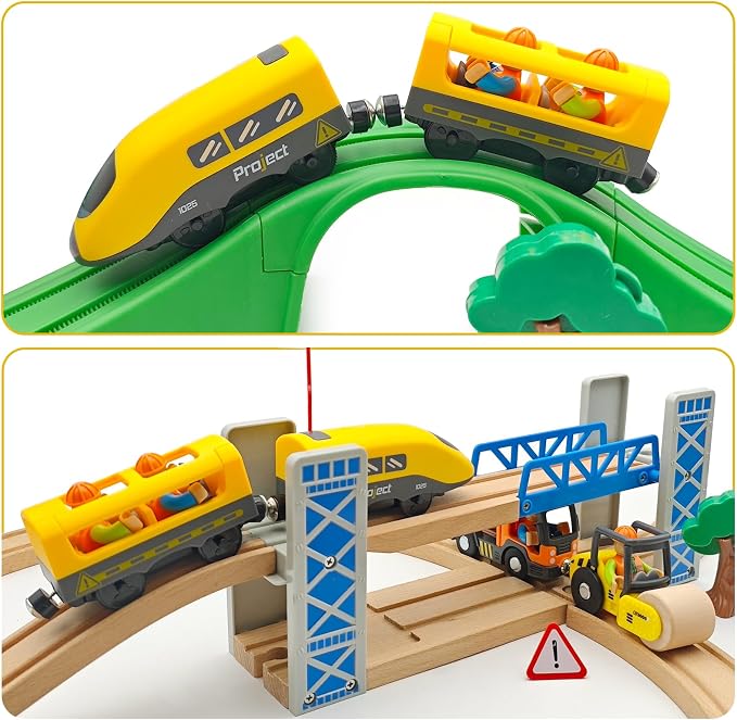 Battery Operated Police Train for Wooden Train Tracks with Figures Kids Magnetic Wooden Trains Set for Toddlers Boys 3-5 4-8 (Without Battery and Tracks) (Yellow)