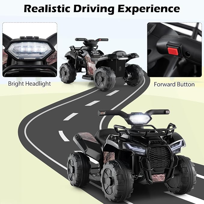 Costzon Kids ATV, 6V Battery Powered Electric Vehicle Four Wheeler Quad w/Storage Basket, Headlight, Horn, Music, MP3 & USB, Toddler 4 Wheeler Ride on Car Toy for Boys Girls 18-36 Months (Black+Camo)