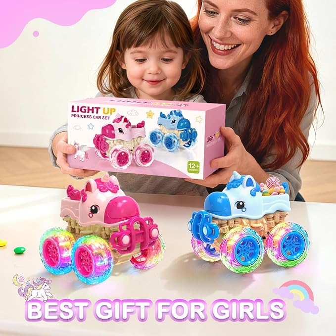 Girl Monster Truck for Toddlers 2-4: Princess Car, Girl Cars, Pink Monster Trucks for 1 Year Girls,Pull Back Cars for Toddlers 1-3,Unicorn Christmas Birthday Best Gift,Light Up for Kids