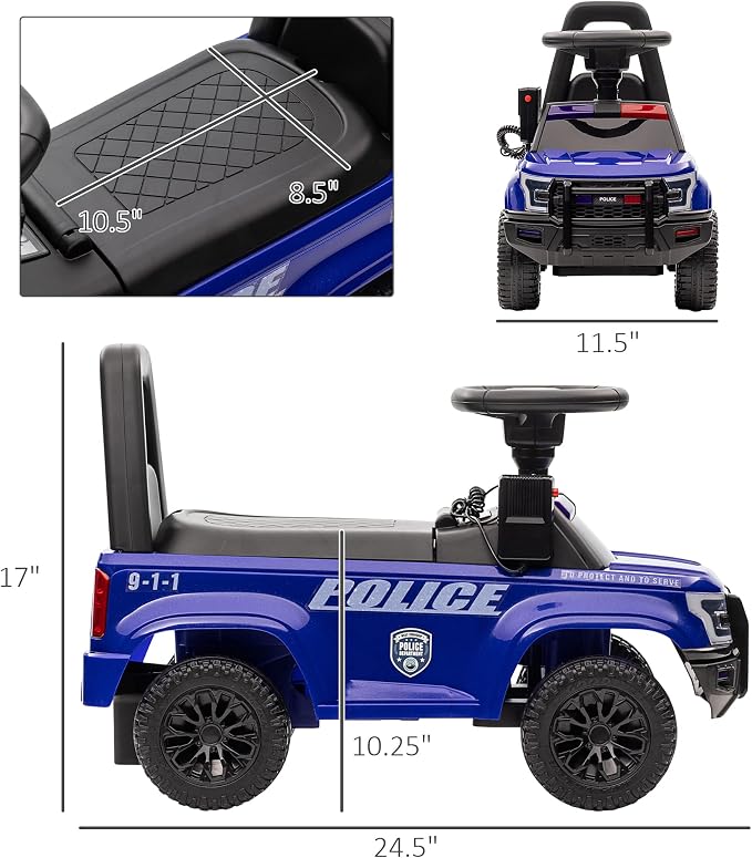 Aosom Kids Push Ride On Car with Working PA System and Horn, Police Truck Style Foot-to-Floor Sliding Car for Boys and Girls with Under-Seat Storage, for 18 Months to 5 Years Old, Blue