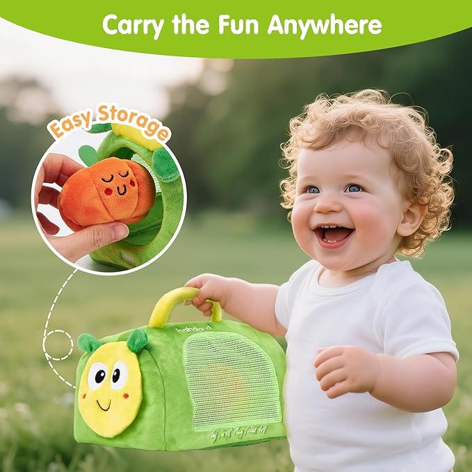 hahaland Montessori Toys for 1 Year Old - 17 PCS My First Fruit Vegetable Sensory Toys Color Sorting Plush Play Food with Caterpillar Storage Bag, 6 9 Month Old Baby Toys 6-12 Months One Year Old Gift