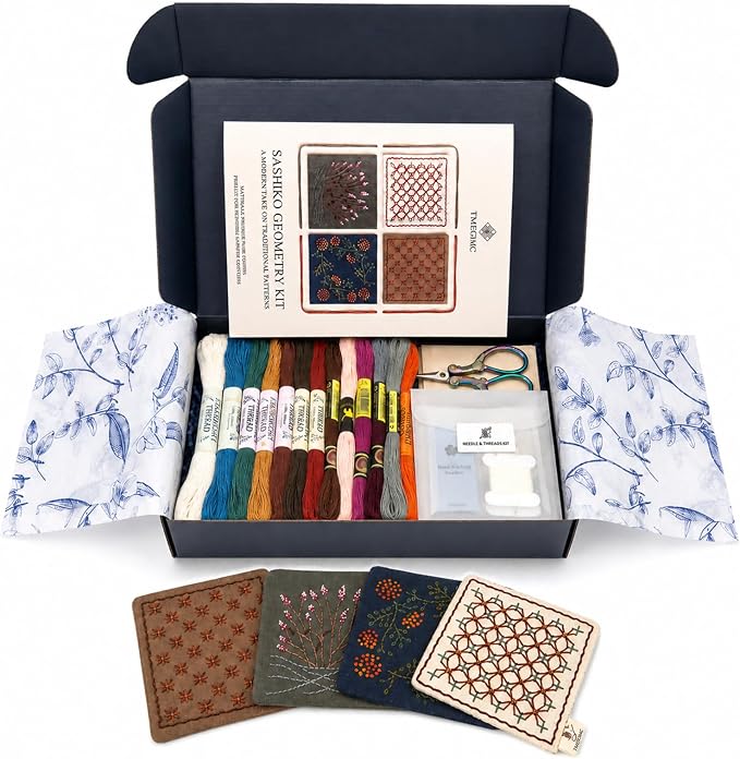 TMEGMIC Sashiko Embroidery Kit for Beginners, DIY Hand Stitching Coaster Making Craft Kit, Makes 10 Pcs in 4 Patterns (DIY Material Kit Only)