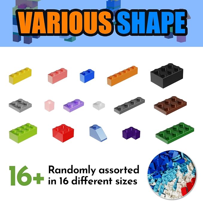 300Pieces Building Blocks Bulk, 12 Sizes Multiple Mixed Colors, Compatible with LEGO and All Other Brands (1000 Pieces)