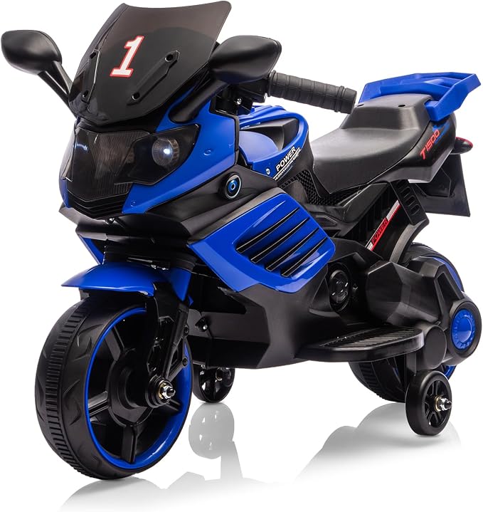 Kids Ride On Motorcycle, 6V Battery Powered Electric Motorcycle, w/Treaded Tires, Horn, Working Headlight, Music, Training Wheels, Stable Ride On Toys for Kids Toddler Boys Girls 3-6, Blue