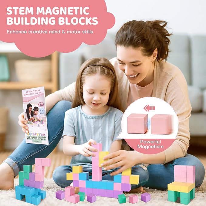 35 PCS Large Magnetic Blocks for Toddlers - 1.24" Magnetic Cube with Stickers, Magnet Blocks STEM Learning Sensory Toys for Kids & Preschoolers, Brithday Gifts for 3-5 Year Old Boys Girls