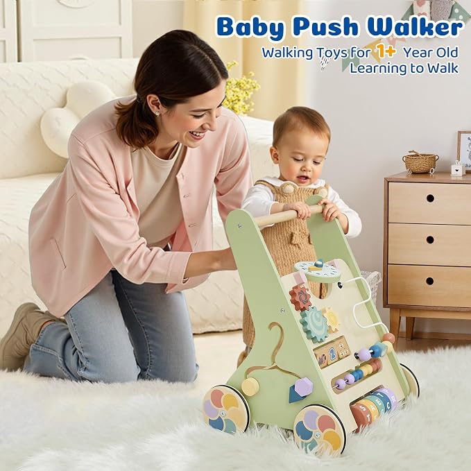 Wooden Baby Push Walker, Montessori Activity Walker for Babies 12-18 Months | Adjustable-speed wooden baby push walker with Montessori activities, storage box, and safe rubber wheels.