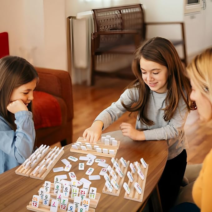 Mexican Train Dominoes Set Double 15 Number Domino Tiles, 136 Colorful Number Dominos Tiles with 8 Wooden Racks, Hub & Trains, Portable Domino Game Set for Adults Kids Families