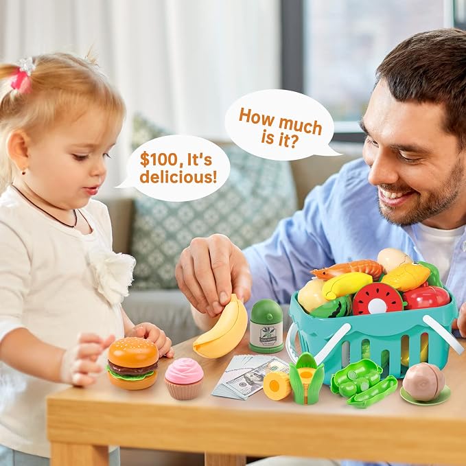 130Pcs Kitchen Playset, Toddler Pretend Cooking Play Pots, Pans, Utensils Cookware, Daily Food Fruit Veges, Shopping Storage Basket, Dessert, Prop Money, Learning Gift for Child (White)