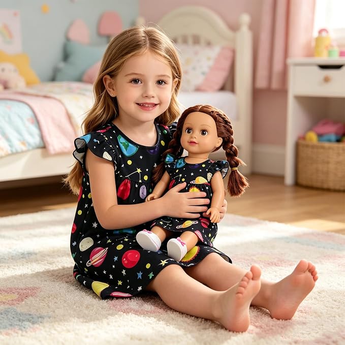 AmzBarley Matching Doll & Girl Pajamas Girls Nightgowns Sleepwear Night Dress for Kids and 18 inch Doll Clothes