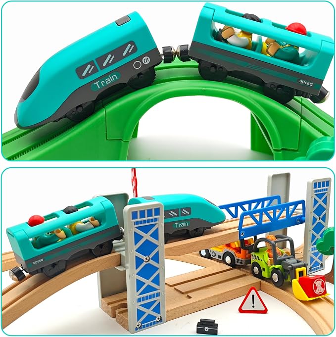 Battery Operated Police Train for Wooden Train Tracks with Figures Kids Magnetic Wooden Trains Set for Toddlers Boys 3-5 4-8 (Without Battery and Tracks) (Green)