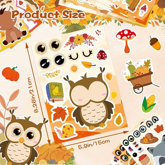 24 Sheets Fall Stickers for Kids Toddlers, Autum Animal Stickers Make-a-face Sticker Make Your Own Sticker 8 Designs of Animal Owl Squirrel Hedgehog Fox Fall Party Decorations Supplies