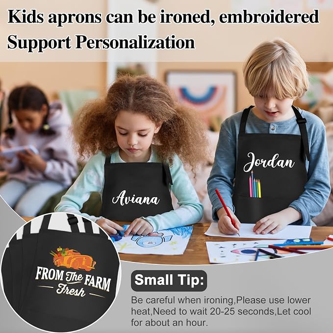6 Pack Kids Apron bulk with 2 Pockets Adjustable Chef Art Apron Kids Painting Aprons for Cooking Baking Painting Crafting Grilling Activity（Black）