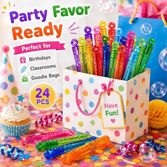 Waybla 24 Pack Bubble Party Favors for Kids, Goodie Gift Bag Stuffer Fillers for Kids, 8 Colors Mini Bubble Wands Birthday Summer Beach Pool Toys for Boys Girls, Classroom Prizes Treats for Toddlers