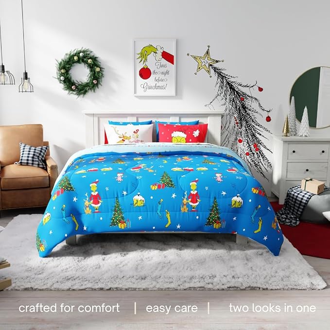 Grinch by Dr. Seuss Holiday & Christmas Bedding Super Soft Comforter and Sheet Set with Sham, 7 Piece King Size (Official Dr. Seuss Product) By Franco
