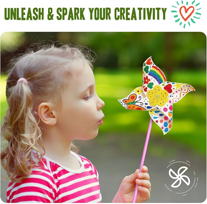 KwestSync 48 Pack DIY Pinwheels for Kids - Bulk Spring Summer Crafts for Kids 3-5, 4-6, 4-8, Color Your Own Paper Windmill - Great Activity for July 4th Patriotic Classroom Birthday