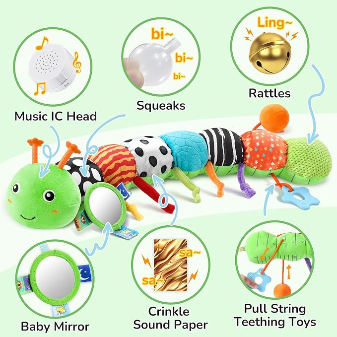 AWOTOY Baby Sensory Toys Music Caterpillar Plush Infant Toys 0 6 12 Months | Stuffed Animals Tummy Time Teething Toys with Mirror Pull String Rattle Baby Toys for Newborn Boy Girl Shower Birthday Gifts