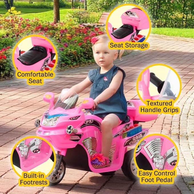 Kids Motorcycle - 3-Wheel Ride on Toy with Reverse, Sounds, and Headlights - 6V Electric Motorcycle for Kids Ages 3 to 6 by Lil' Rider (Pink)