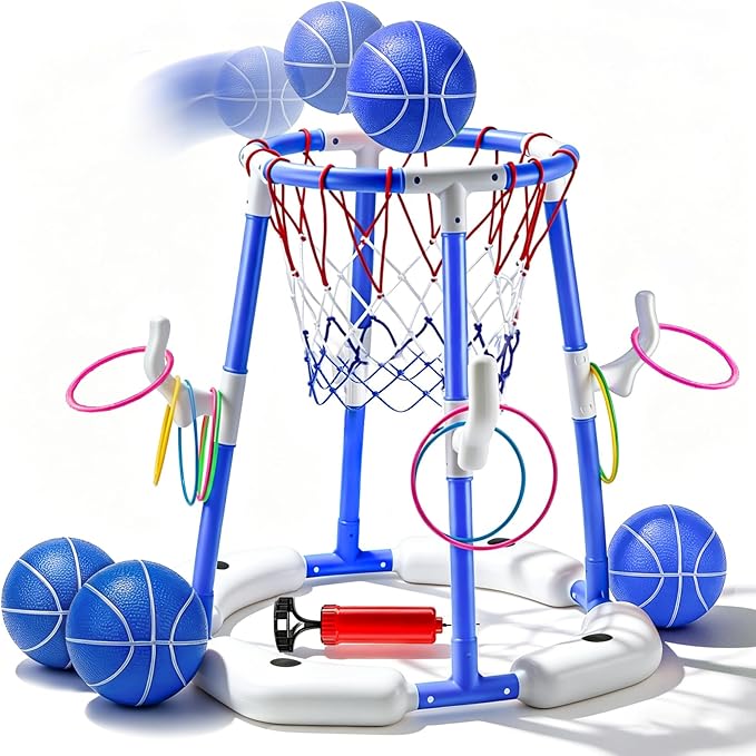 Pool Basketball Hoop with 4 Balls & 12 Rings, 2-in-1 Floating Pool Toys for Kids Adults, Water Game for Indoor Outdoor Swimming Backyard Party, Portable Summer Gifts for Boys Girls Ages 8-12, Blue