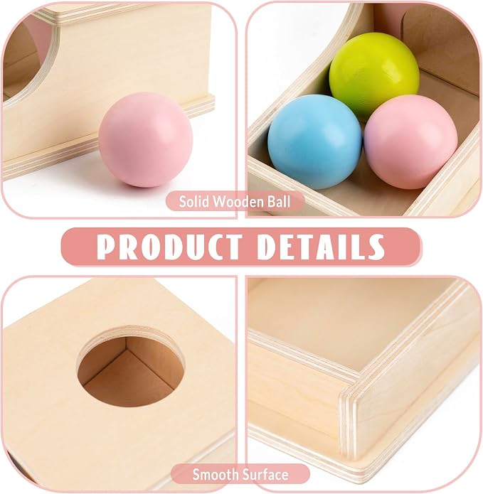 Busy edition Montessori Toys for 1 Year Old, Wooden Object Permanence Box with Tray Three Balls, Preschool Infant Toys 6-12 Months Developmental, 9 Month Old Baby Toys, Cause and Effect Ball Drop Toy