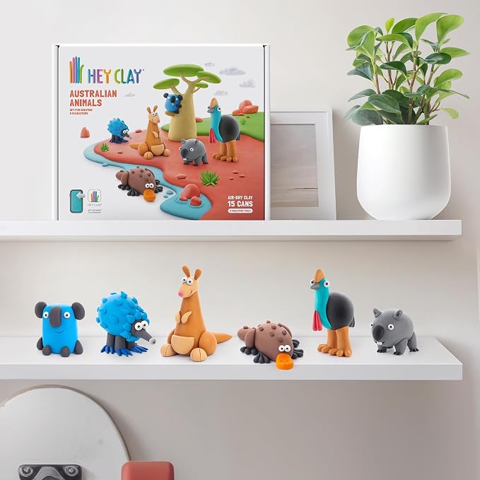 HEY CLAY Set - Colourful Modeling Air Dry Clay Kit for Kids 15 cans and Sculpting Tools with Fun Interactive Instructions App - Children 3+ (Australian Animals)
