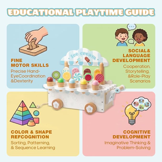 BROWNROOT Wooden Ice Cream Cart for Kids Pull Along Pretend Play Food Toys with Popsicles Ice Cream Cones ToyMontessori Role Play Toy Gift for Toddlers Girls Boys 3 4 5 Years Old