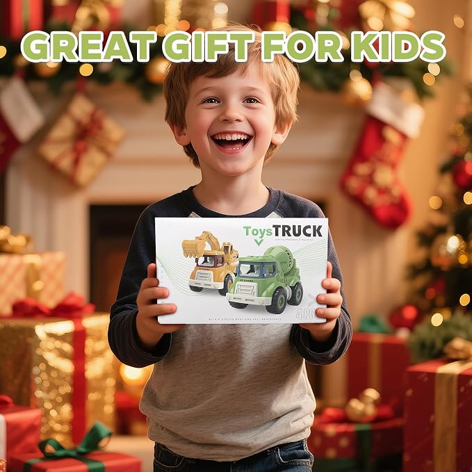 Construction Toys for Boys & Girls Ages 3–5 – Excavator, Dump Truck, Crane & Cement Mixer, Construction Vehicle Toy Set for Toddlers & Kids, Durable Play Vehicles for Pretend Play