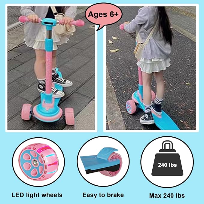 Kick Scooter for Kids Ages 3-12, 5 Adjustable Height Foldable Scooter with 3 LED Light Wheels, Outdoor Activities for Toddlers Boys Girls, Max Load up to 165 lbs