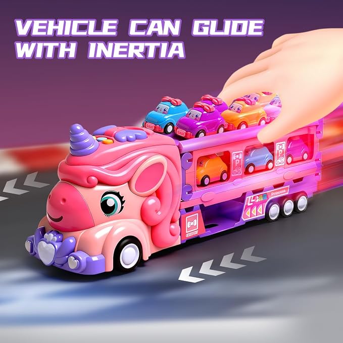 Unicorn Car Toys for Age 3 4 5 6 Year Old Toddler Girl, Foldable Track & 2 Player Race Mode Game, Light & Sound Push Transport Carrier Truck W/ 9 Princess Toy Cars, Birthday Gift for Girls Age 4-6