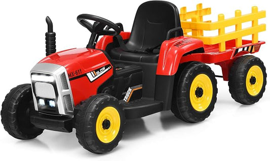 Costzon Ride on Tractor with Detachable Trailer, Kids' Electric Vehicles w/3-Gear-Shift Ground Loader, Wireless Design & USB, 7 LED Headlights, Remote Control Tractor Toy for Kids 3+ (12V, Red)