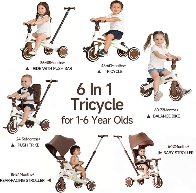 Winhope Kids Tricycle, 6 in 1 Baby's Tricycle Toddler Trike with Adjustable Push Handle, Reversible Seat and Canopy, Baby Stroller for 1-6 Year Olds, Suitable for Outdoor Activities(Coffee)