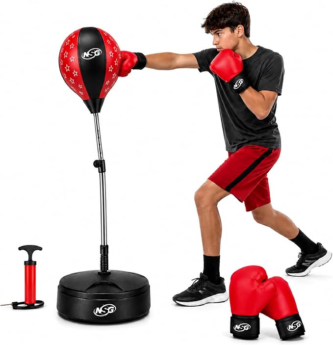 NSG Punching Bag for Kids & Boxing Gloves Set - Adjustable Freestanding Speed Bag with Spring-Loaded Stand, Junior Boxing Gloves & Hand Pump - Portable, Easy Assembly for Boys, Teens, Toddlers Ages 4+