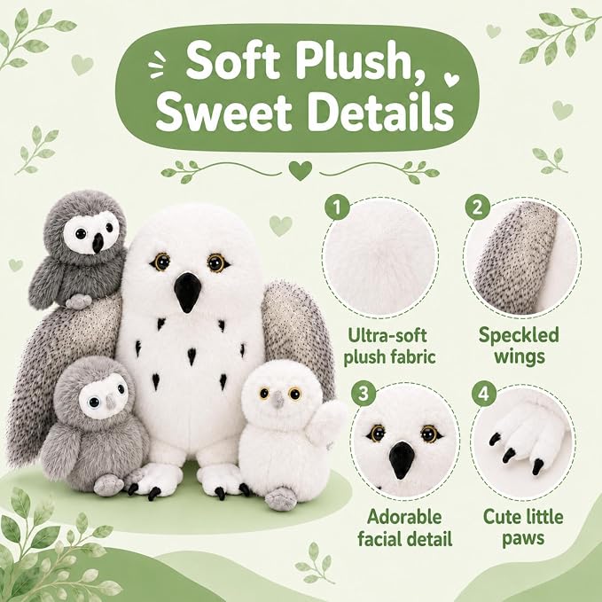 4Pcs Owl Plush Set, Giant Mother Owl Stuffed Animal with 3 Baby Owls Inside, 18" Cute Stuffed Owl for Girls Boys Kids, Soft Owl Plushie Gift for Christmas Birthday Baby Shower, White