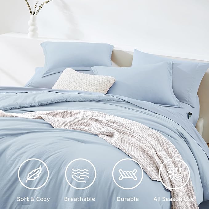 WRENSONGE King Comforter Set, 7 Pieces Ice Blue Soft Bed in a Bag King with Fitted Sheet, Flat Sheet, 2 Pillow Shams, and 2 Pillowcases- Warm Bedding Set for All Season