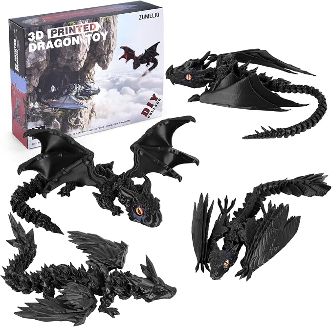 4PCS 12 Inch 3D Printed Dragons, Feathered Wyvern Figure with Wings, Dragon Desk Decor, Collectible Toy for Dragon Lovers(Black-A)