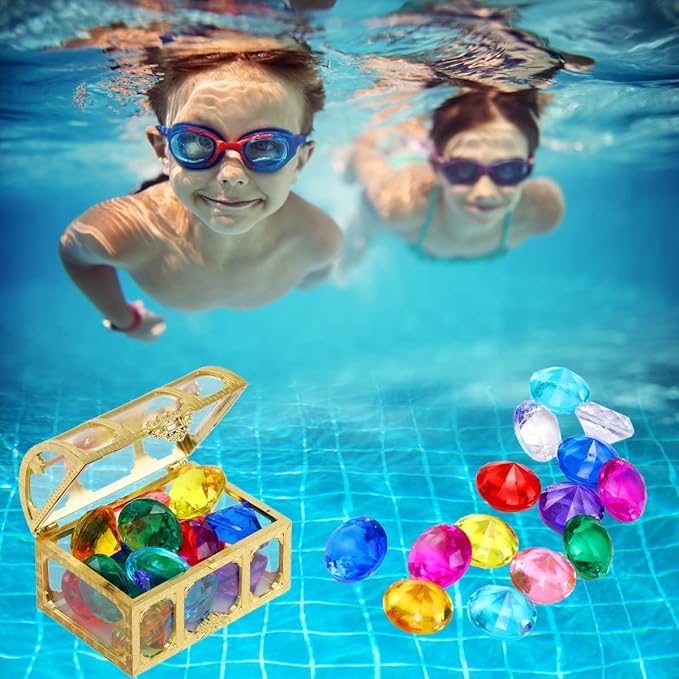 XIJUAN Diving gem Pool Toys Sand Toys,14 Color Diamond Treasure Chest Summer Swimming gems Pirate Diving Toy Set Underwater Swimming toyChildren's Game Gifts for Boys and Girls(Golden)