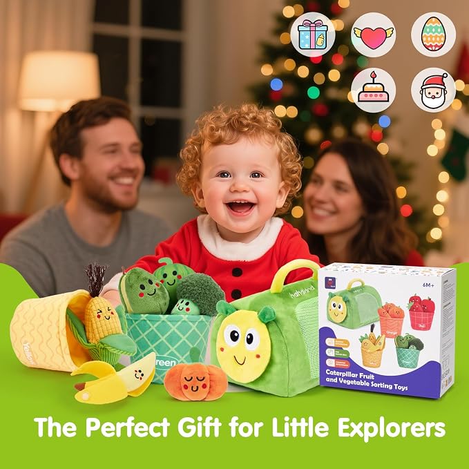 hahaland Montessori Toys for 1 Year Old - 17 PCS My First Fruit Vegetable Sensory Toys Color Sorting Plush Play Food with Caterpillar Storage Bag, 6 9 Month Old Baby Toys 6-12 Months One Year Old Gift