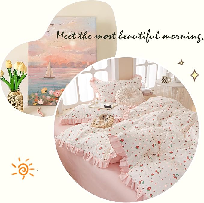 Strawberry Print Comforter Set Pink White Ruffled Bedding Comforter Full Size Soft Fluffy Floral Bedding Set Kawaii Strawberry Fruit Comforter Set for Kids Girls Lightweight and Cozy for All Seasons