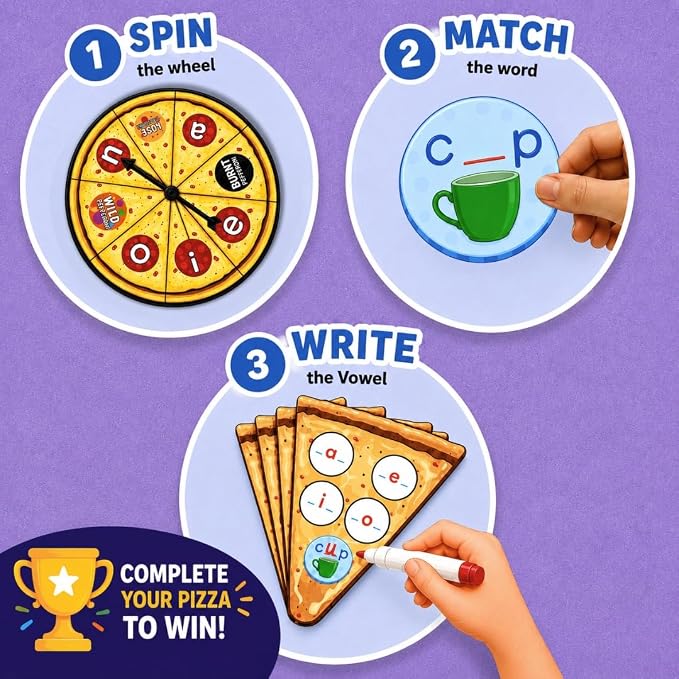 Pidoko Kids Phonics CVC Word Game - Magnetic Write & Wipe Vowels - Spelleroni Pepperoni Preschool & Kindergarten, Homeschool, Speech Therapy for Ages 3+