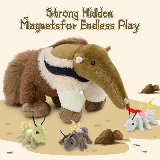 Muiteiur Magnetic Anteater Plush Toy for Toddlers - Interactive Stuffed Animal Feeding Game with 3 Ants, 17.7 Inch Wildlife Adventure Toy, Birthday Gift for 3+ Year Old Kids Bedroom Decor