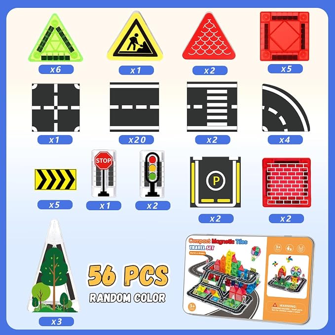 Mini Magnetic Tiles Road Track Set 56pcs – Portable STEM Travel Toy with Sturdy Metal Tin, Compatible with Major Magnetic Brands, for Kids 3 4 5+ Year Old Boys Girls