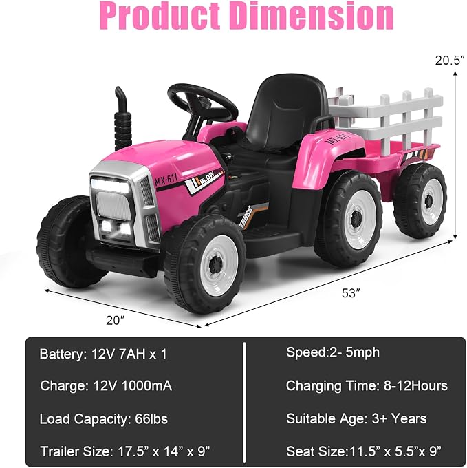 Costzon Ride on Tractor with Detachable Trailer, Kids' Electric Vehicles w/3-Gear-Shift Ground Loader, Wireless Design & USB, 7 LED Headlights, Remote Control Tractor Toy for Kids 3+ (12V, Pink)