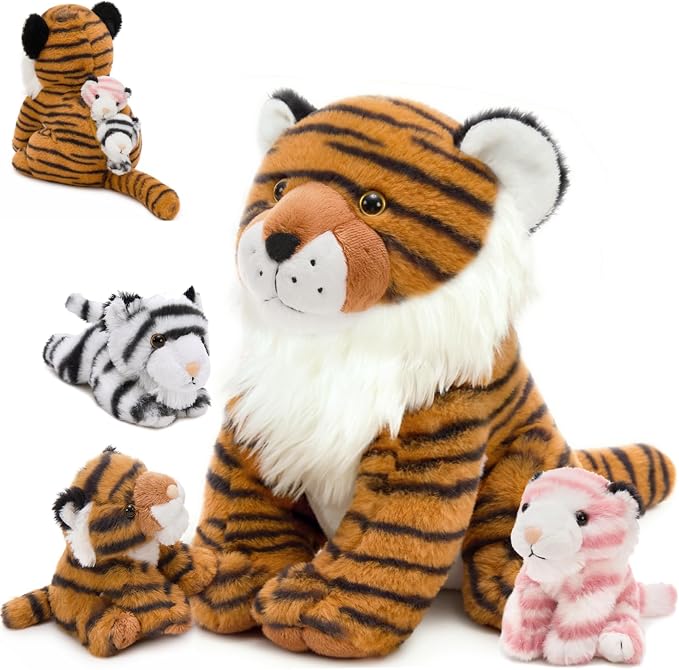 MorisMos Tiger Stuffed Animal with Babies Plush Set, Realistic Mommy Stuffed Tiger Plush with 3 Baby Cubs Inside, Wild Zoo Animal Toys for Kid Toddler Christmas Decor Birthday Gift Jungle Themed Party