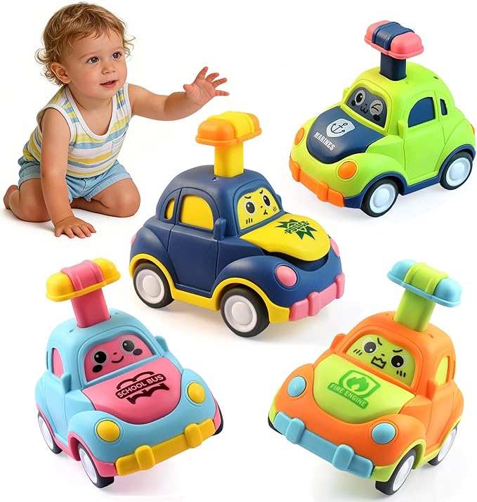 soi-meme 4 Pack Press and Go Car Toys for Toddlers 1-3 Year Old Boys, Easy Push Down Action, Certified CPSC- Learning Cause Effect Toddler Toy, Gifts for 1+ Year Old Baby Boy Girl