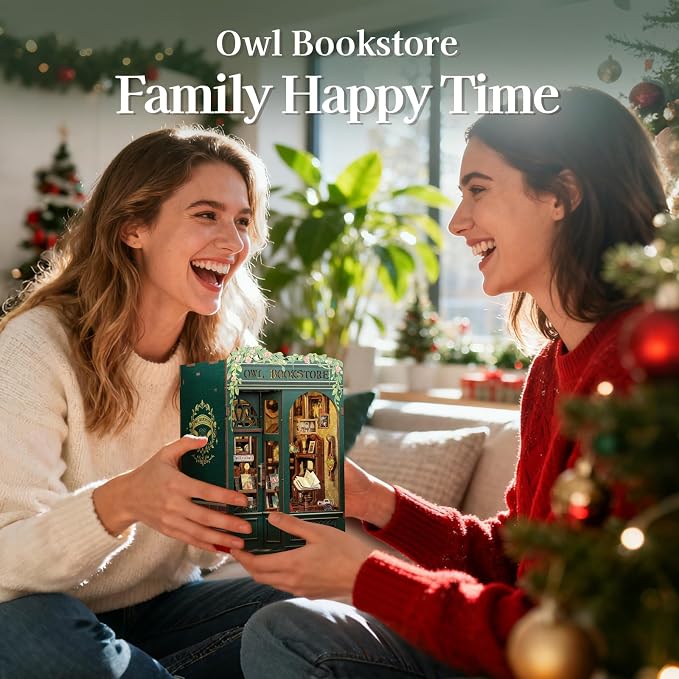 Fsolis Book Nook Kit - DIY Booknook Bookshop（OWL Bookstore） | Miniature House 3D Wooden Puzzles for Beginners, 139 Wood Pieces, Bookshelf Building with Light, Gifts for Book Lovers