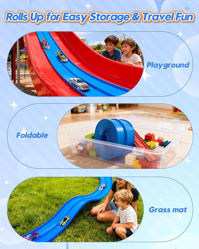 15 Ft Flexible Car Tracks for Kids Age 3 Up, Race Track with 6 Toy Cars, Flex Track Compatible Diecast 1/64 Cars with Suction Cups, Birthday for Boys (Blue)
