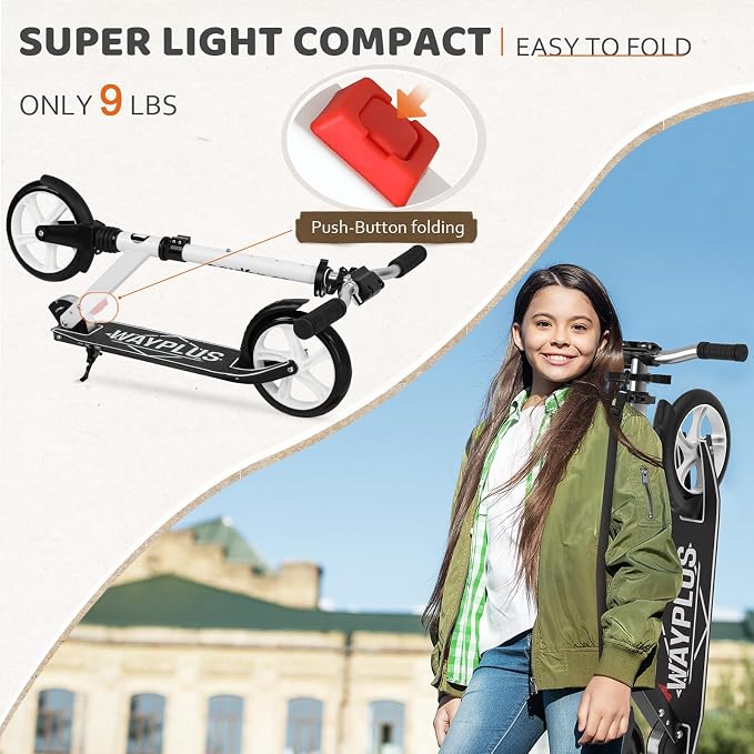 WAYPLUS KS1 Kick Scooter for Ages 6+,Kid, Teens & Adults. Max Load 240 LBS. Foldable, Lightweight, 8IN Big Wheels for Kids, Teen and Adults, 4 Adjustable Levels. Bearing ABEC9 FED Fitness