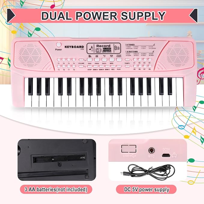 M SANMERSEN Upgraded 37 Key Kids Piano Keyboard with Microphone Music Toys for 3 4 5 6 Year Old Girls Gifts, Pink