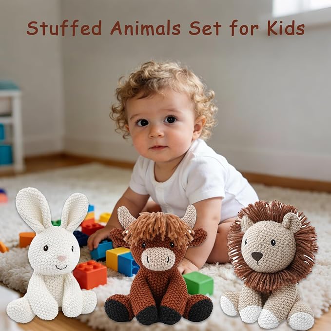 3Pcs Easter Stuffed Animals Toys for Girls 7-8 Inch Cute White Bunny Plush, Cuddly Highland Cattle Toy and Soft Crochet Lion Knitted Cotton Baby Plush Toy Gift for Kids and Newborns, Christmas