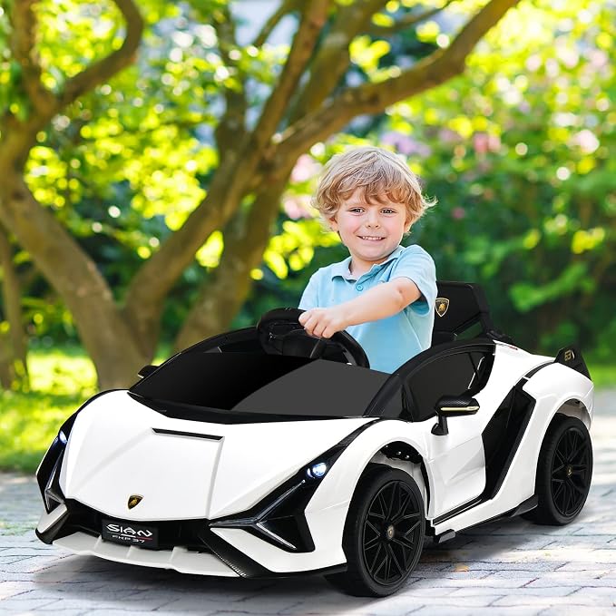 OLAKIDS Kids 12V Licensed Lamborghini SIAN Ride On Car, Electric Vehicle for Toddler with Control Remote, Battery Powered Toy with Music, Horn, 2 Speeds, Suspension, LED Lights, Bluetooth, USB (White)